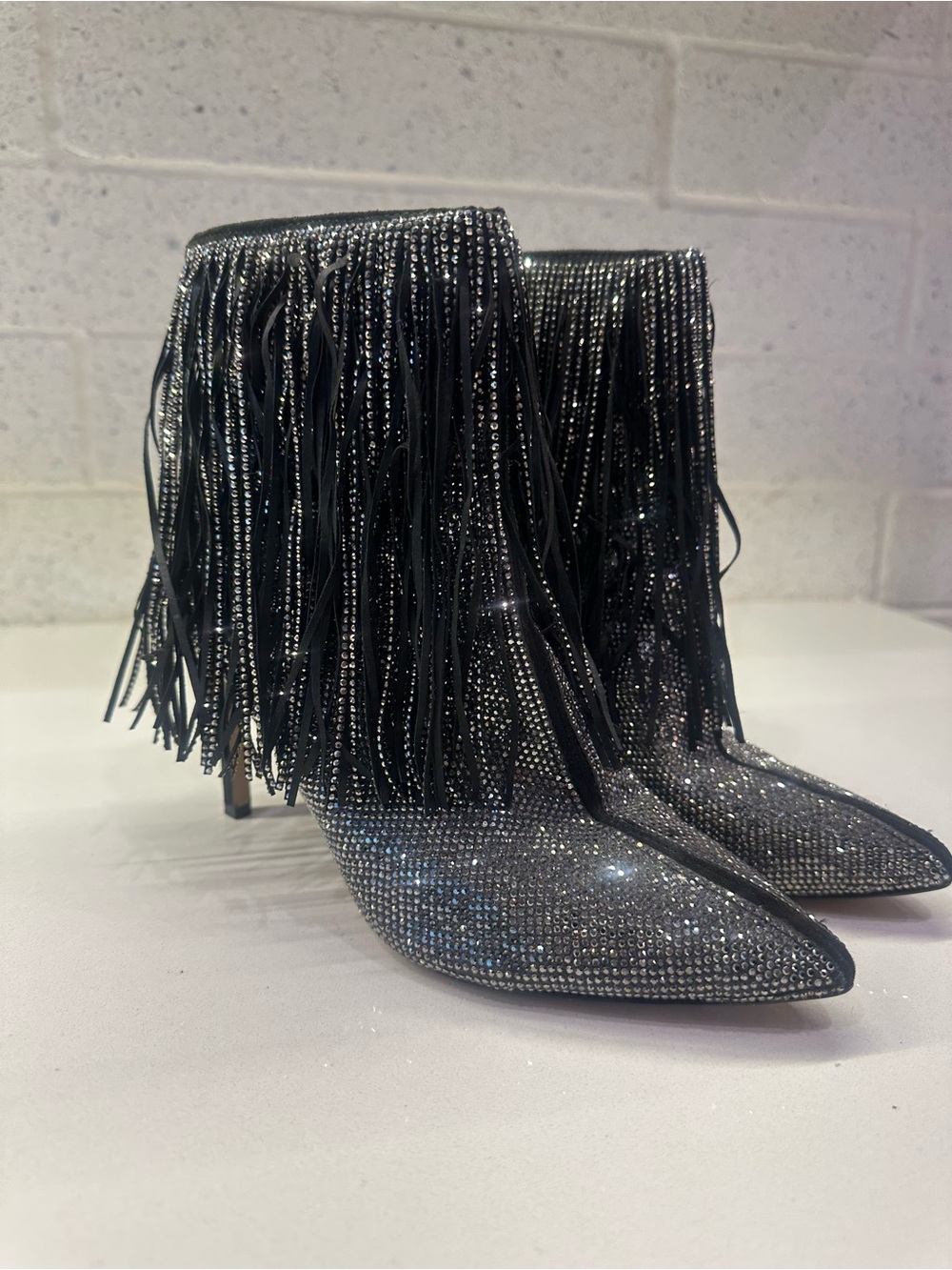 INC International Concepts Black Crystal Fringe Pointed Toe Ankle Boots
